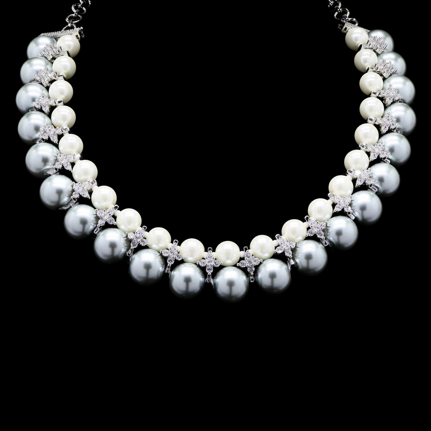 TOJ Everyday - Double Layered Grey and White Natural Fresh Water Pearl Choker Necklace Set for Women