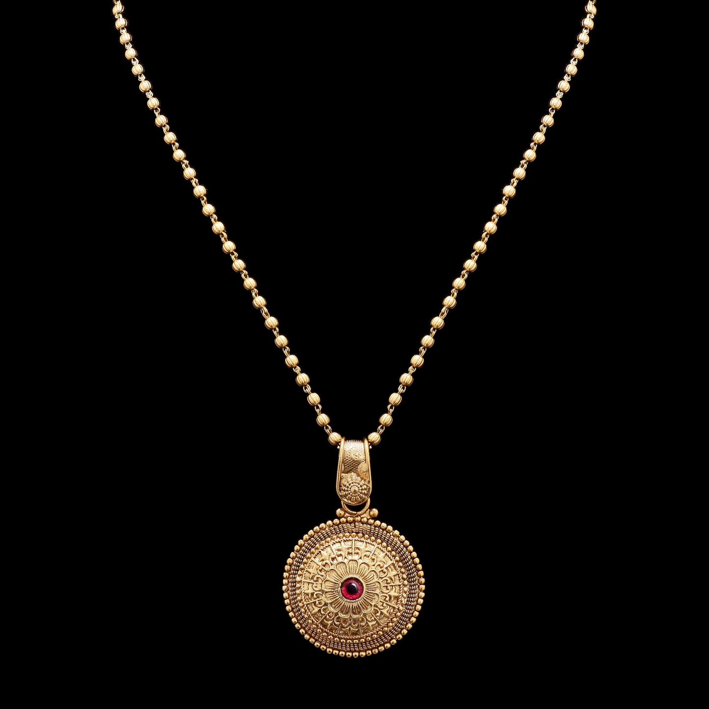 Festive Exclusive Gold Finish Classic Round Necklace Set with Ruby Detailing Includes Earrings