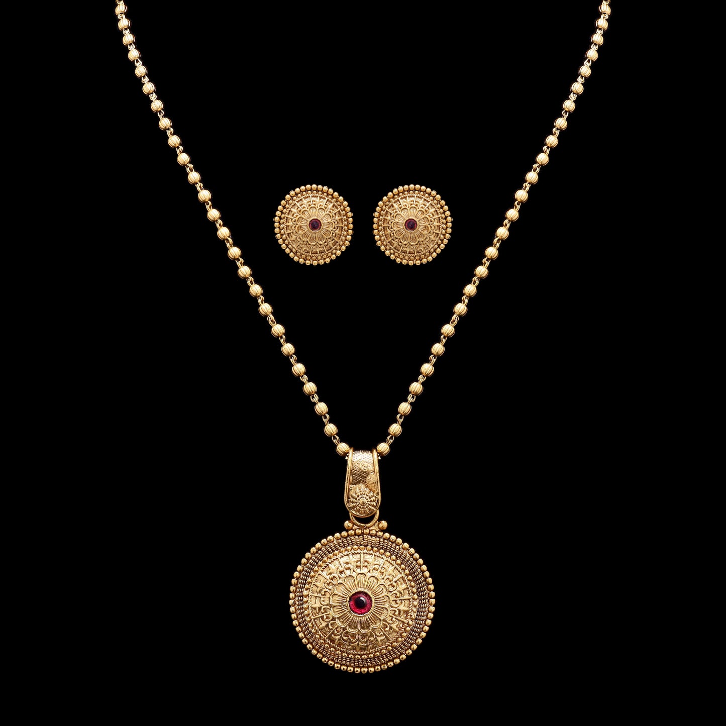Festive Exclusive Gold Finish Classic Round Necklace Set with Ruby Detailing Includes Earrings