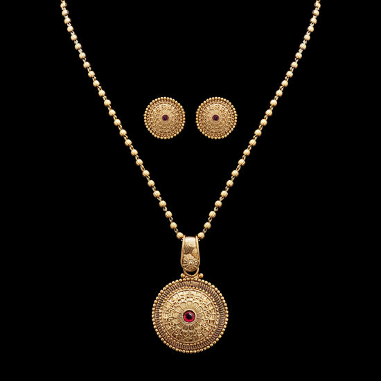 Festive Exclusive Gold Finish Classic Round Necklace Set with Ruby Detailing Includes Earrings