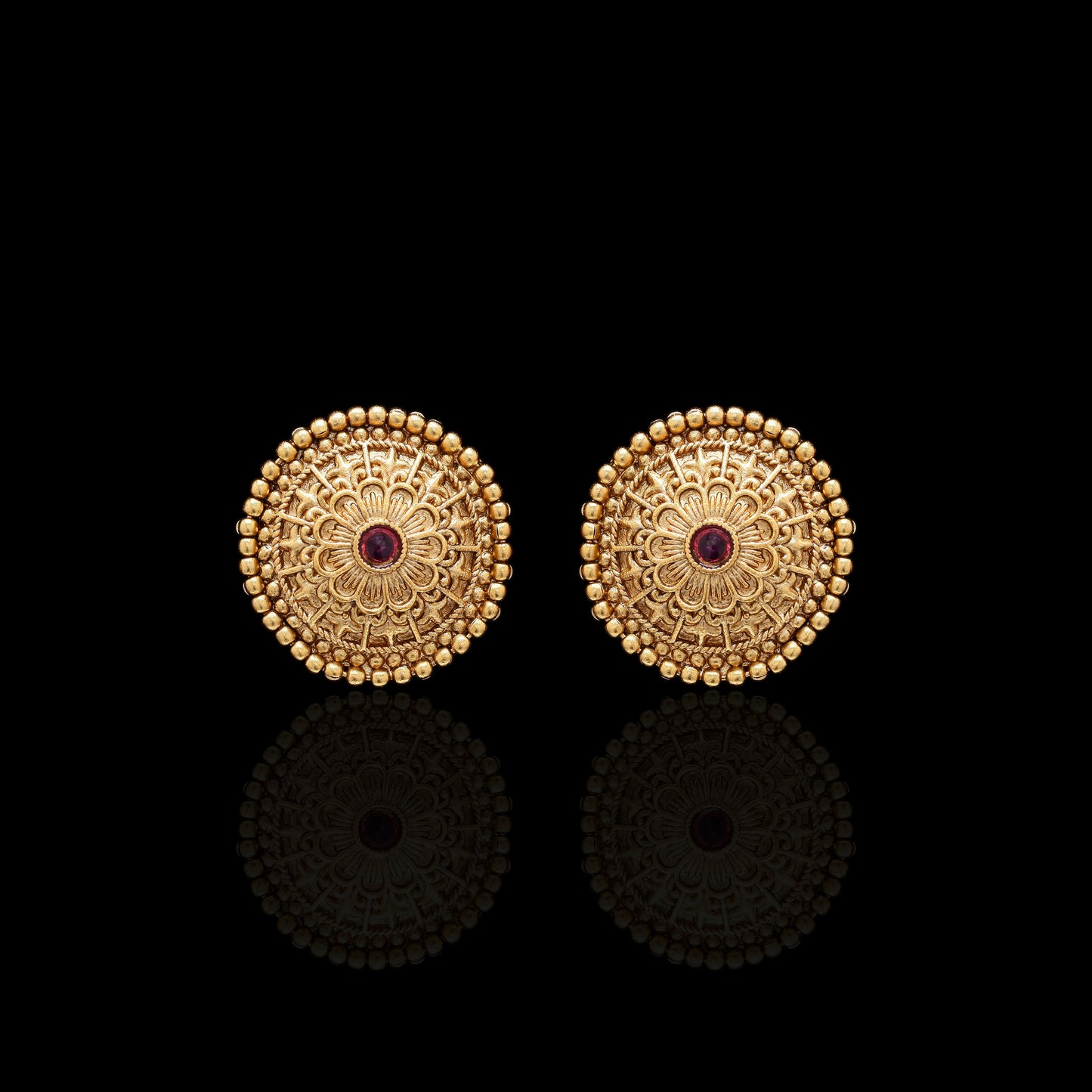 Festive Exclusive Gold Finish Classic Round Necklace Set with Ruby Detailing Includes Earrings