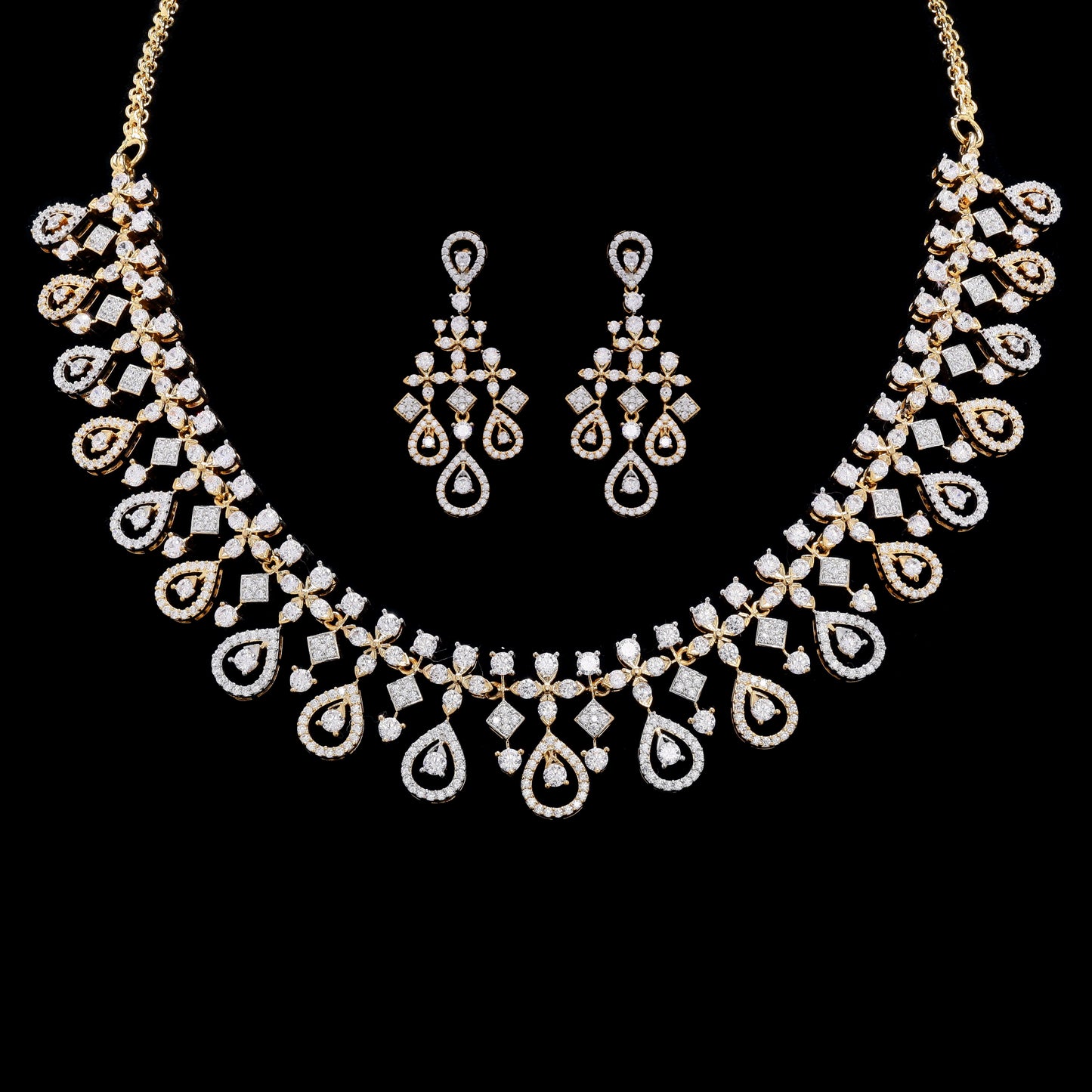 Dual Tone Yati Solitaire Bridal Necklace Set with Earrings on Pure 925 Silver