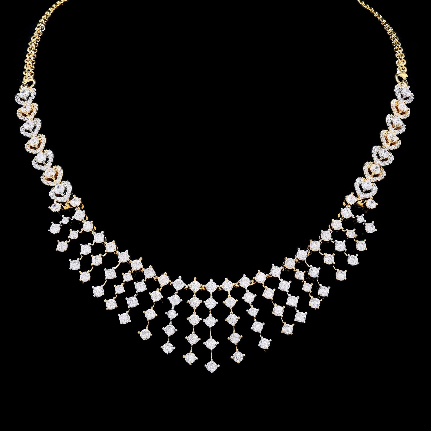 Dual Tone Solitaire Bridal Guasha Necklace Set with Earrings on Pure 925 Silver