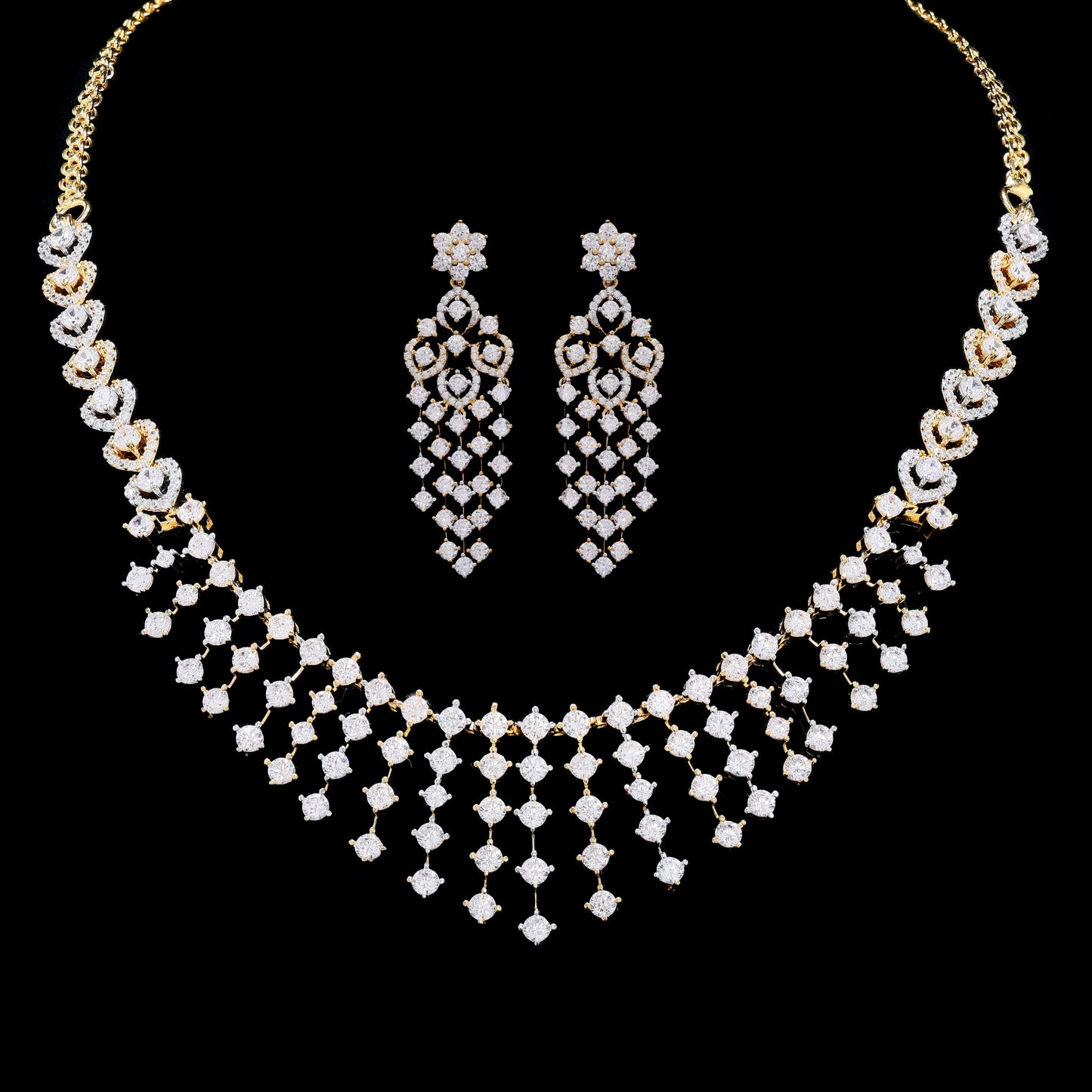 Dual Tone Solitaire Bridal Guasha Necklace Set with Earrings on Pure 925 Silver