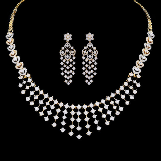 Dual Tone Solitaire Bridal Guasha Necklace Set with Earrings on Pure 925 Silver
