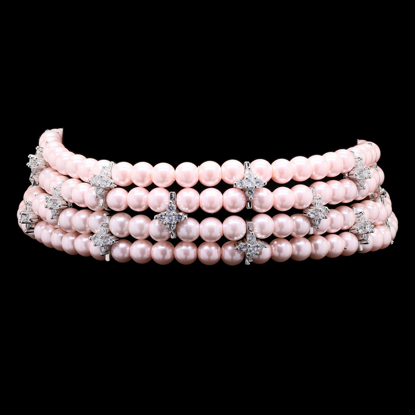 TOJ Everyday - Four Line Pink Natural Fresh Water Pearl Choker Necklace with American Diamonds for Women