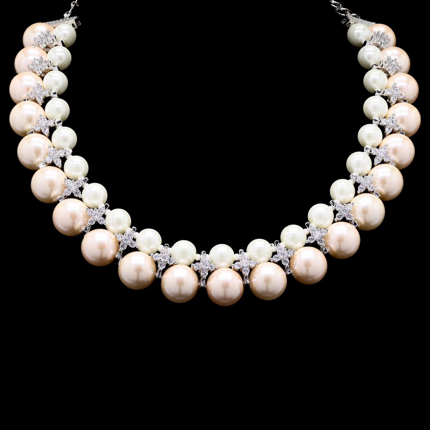 TOJ Everyday - Double Line Cream Natural Fresh Water Peal Necklace Set with American Diamonds for Women