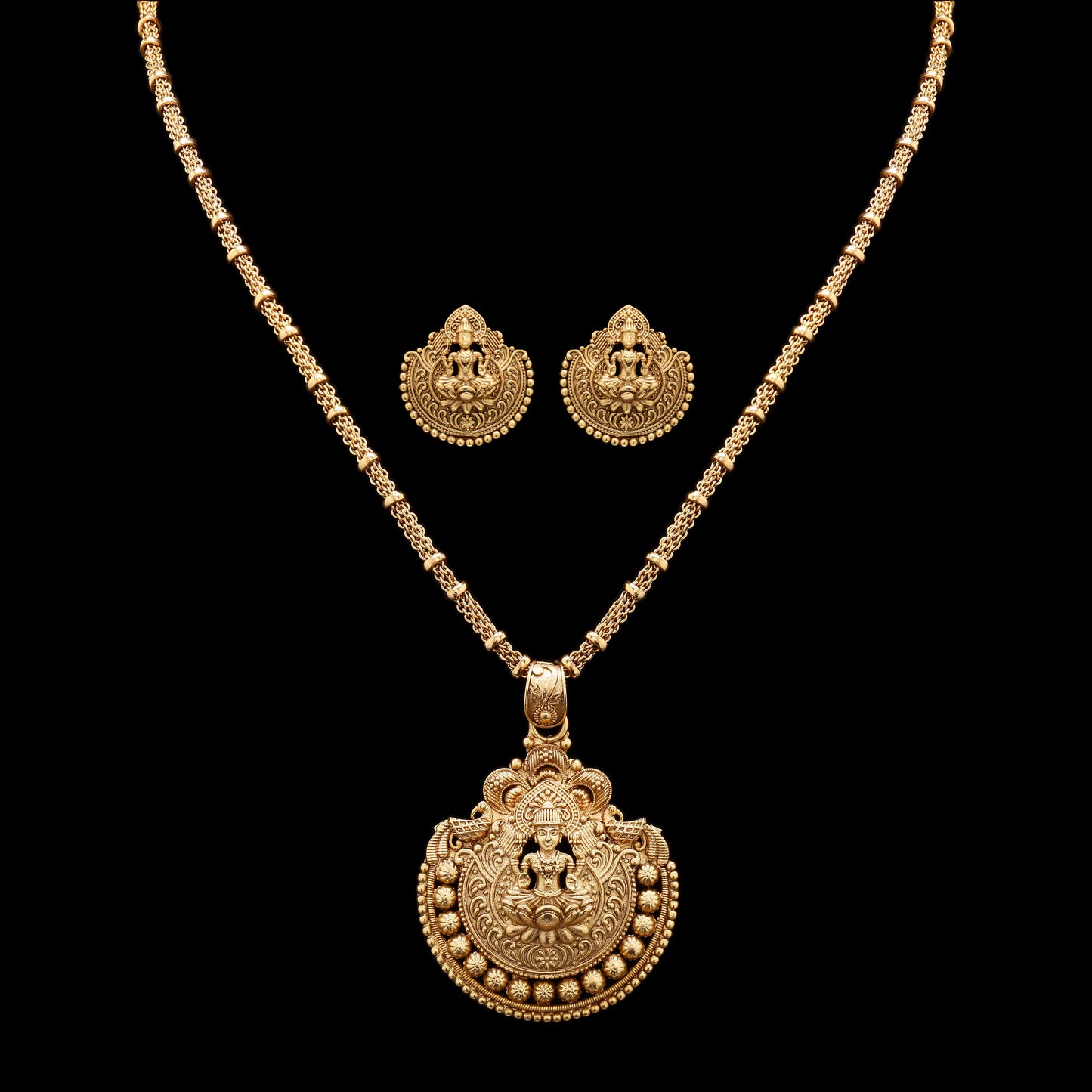 Festive Exclusive Gold Finish Hand Carved Idol Necklace Set with Earrings