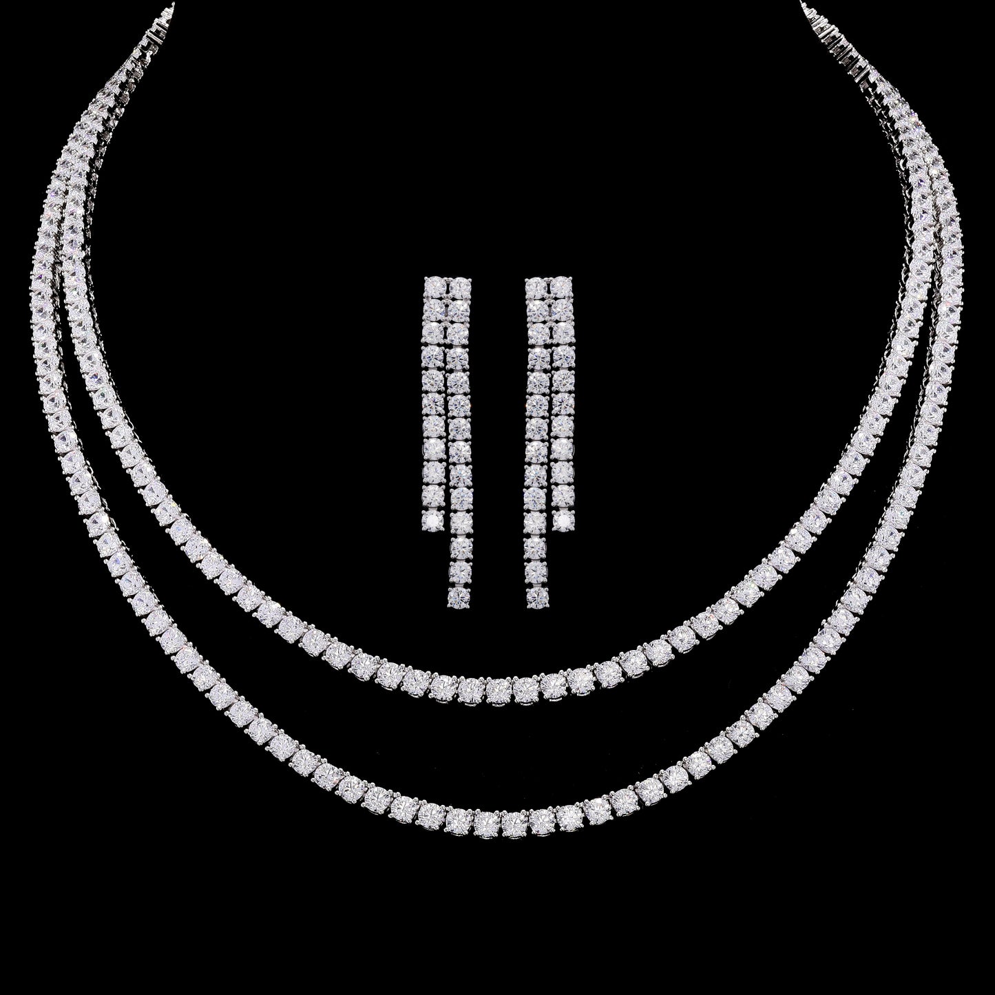 Ultra Premium Double Layer Solitaire Pointer Beniffer Necklace Set with Earrings on Pure 925 Silvet