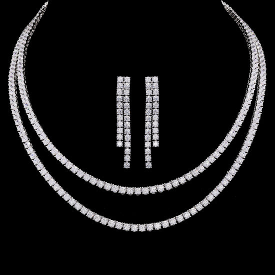 Ultra Premium Double Layer Solitaire Pointer Beniffer Necklace Set with Earrings on Pure 925 Silvet