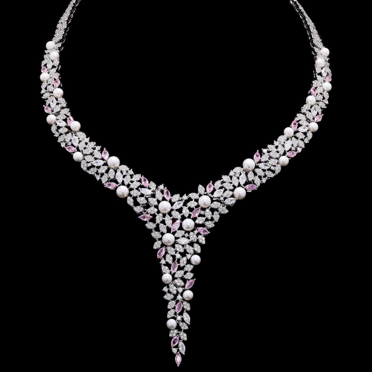 TOJ Everyday - Premium Pink Marquise Diamond and Fresh Water Pearl Solace Cocktail Necklace Set with Earrings