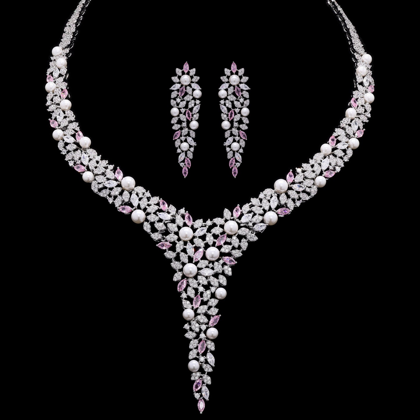 TOJ Everyday - Premium Pink Marquise Diamond and Fresh Water Pearl Solace Cocktail Necklace Set with Earrings