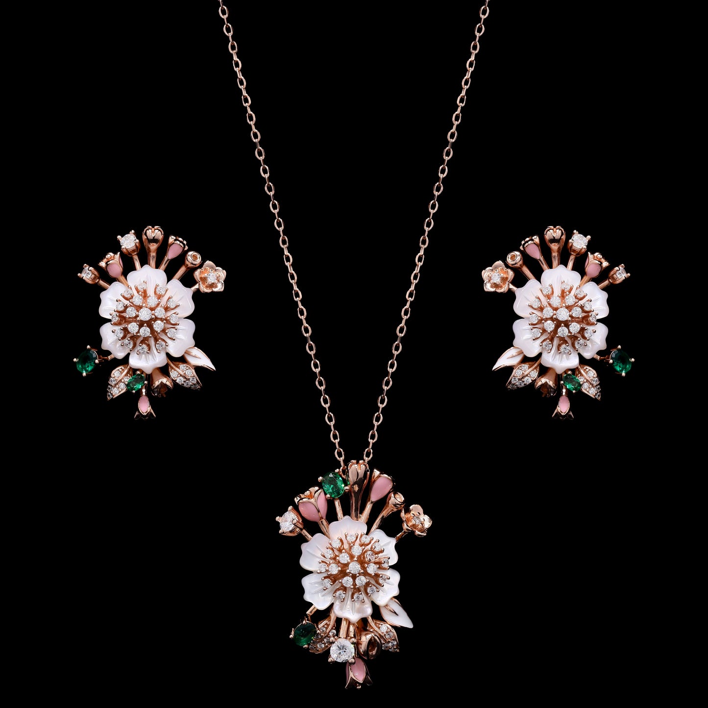 Ultra Premium Art Deco Mother of Pearl Pendant Set in Rose Gold Finish on Pure 925 Silver