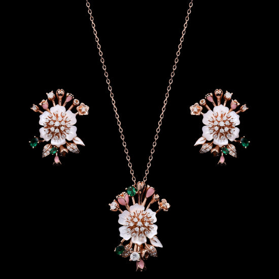 Ultra Premium Art Deco Mother of Pearl Pendant Set in Rose Gold Finish on Pure 925 Silver