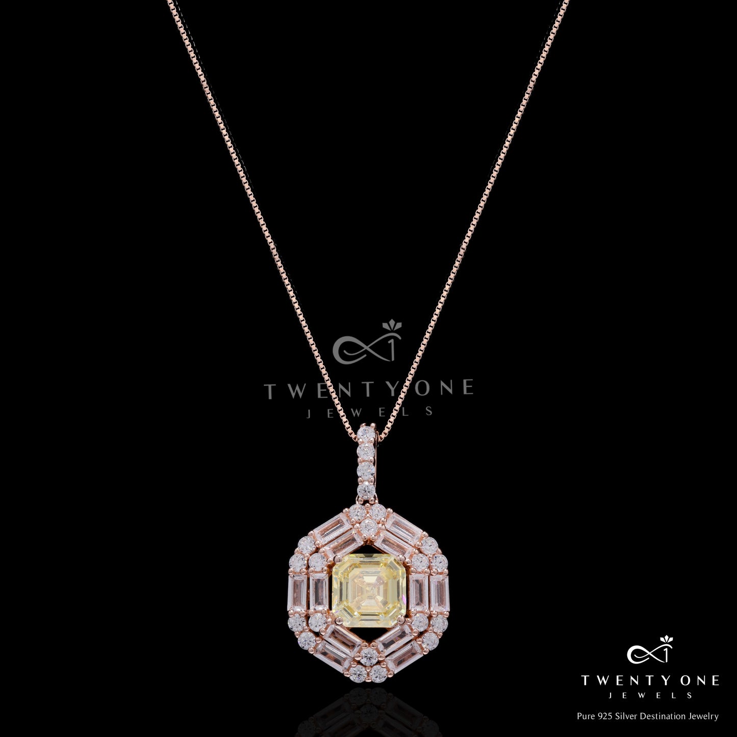Rose Gold Finish Double Baguette Cluster Bravia Pendant Set with Yellow Asscher Cut Diamond on Pure 925 Silver