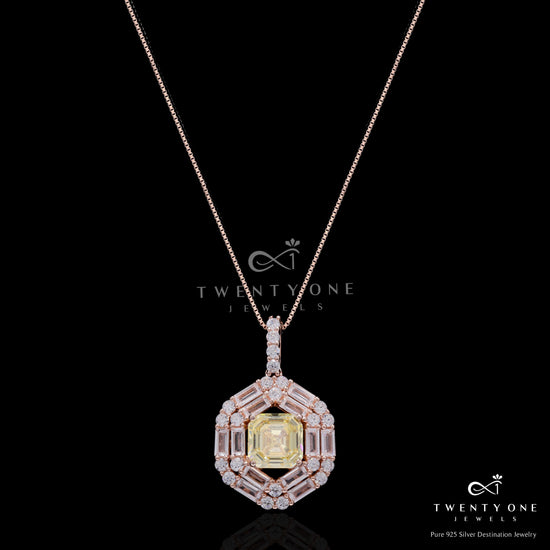 Rose Gold Finish Double Baguette Cluster Bravia Pendant Set with Yellow Asscher Cut Diamond on Pure 925 Silver