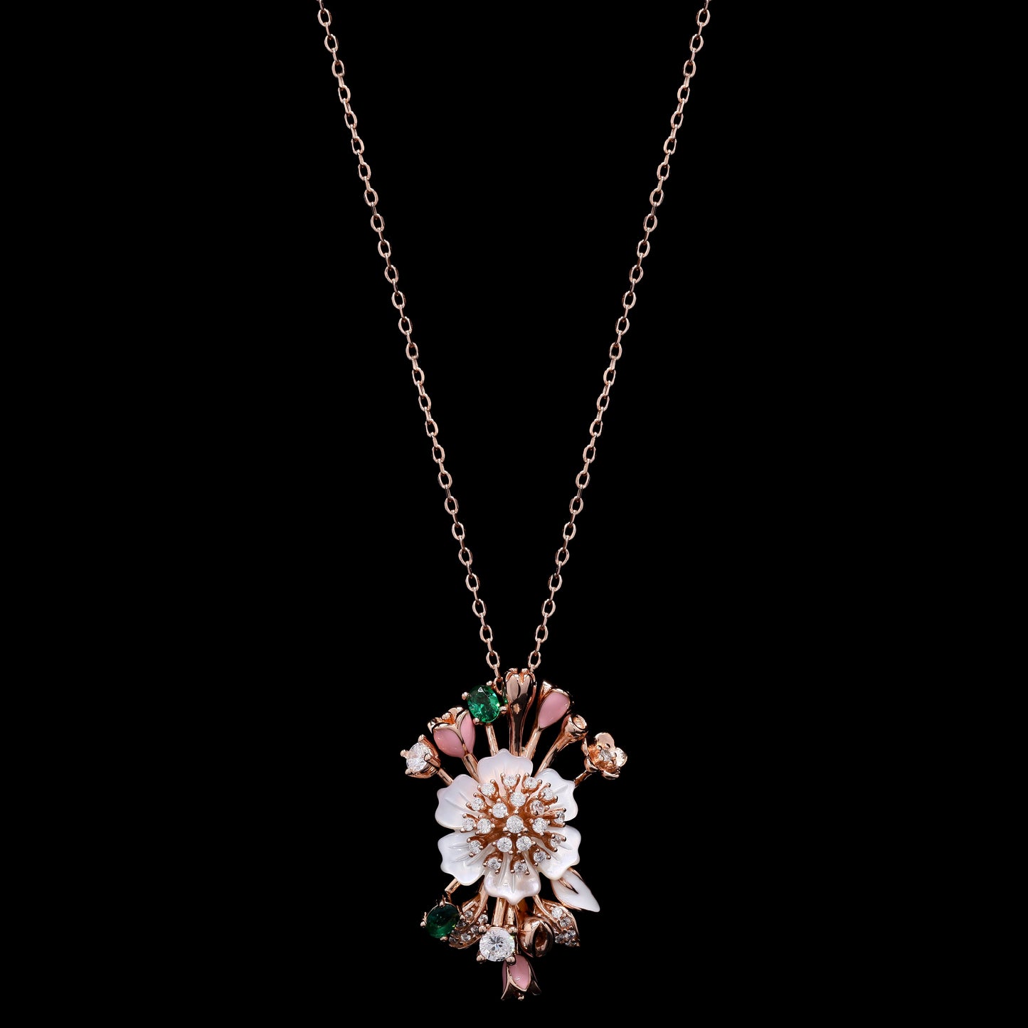Ultra Premium Art Deco Mother of Pearl Pendant Set in Rose Gold Finish on Pure 925 Silver