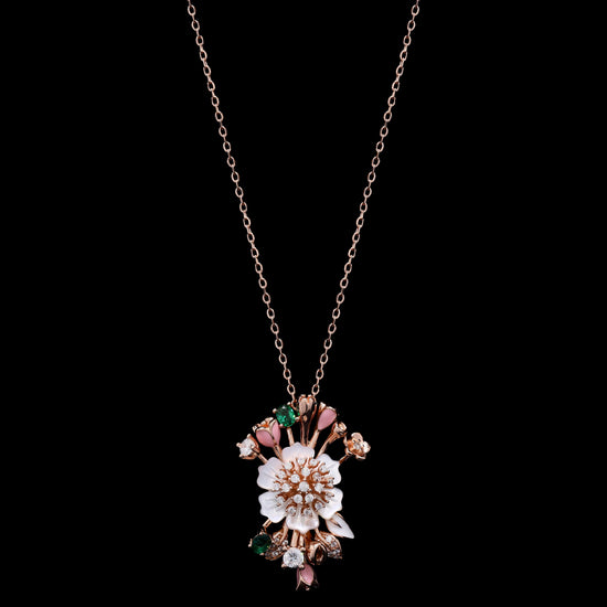 Ultra Premium Art Deco Mother of Pearl Pendant Set in Rose Gold Finish on Pure 925 Silver