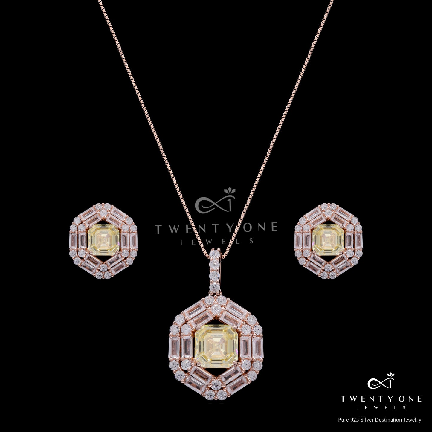 Rose Gold Finish Double Baguette Cluster Bravia Pendant Set with Yellow Asscher Cut Diamond on Pure 925 Silver