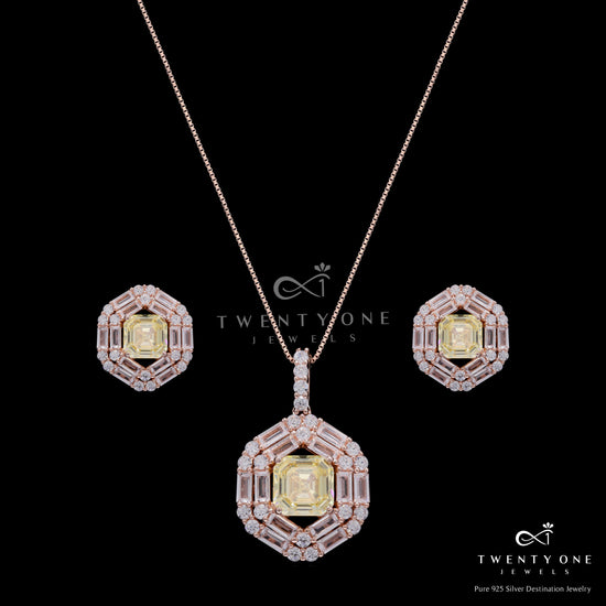 Rose Gold Finish Double Baguette Cluster Bravia Pendant Set with Yellow Asscher Cut Diamond on Pure 925 Silver