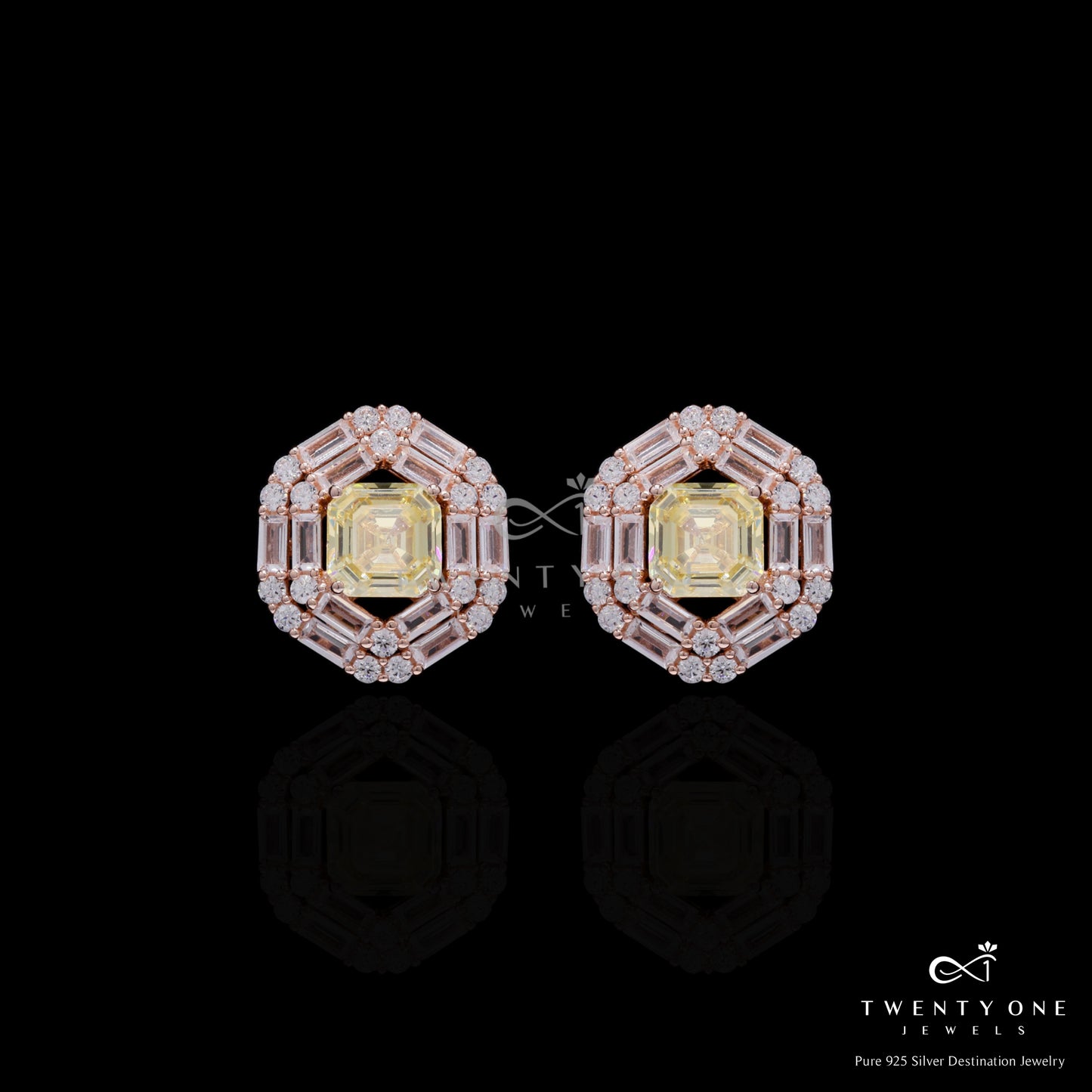 Rose Gold Finish Double Baguette Cluster Bravia Pendant Set with Yellow Asscher Cut Diamond on Pure 925 Silver