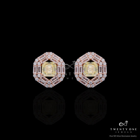 Rose Gold Finish Double Baguette Cluster Bravia Pendant Set with Yellow Asscher Cut Diamond on Pure 925 Silver