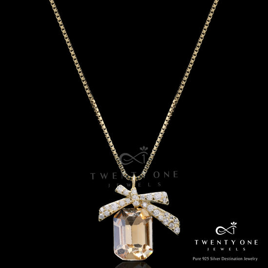 Gold Finish Emerald Cut Solitaire Pendant with Chain on Pure 925 Silver