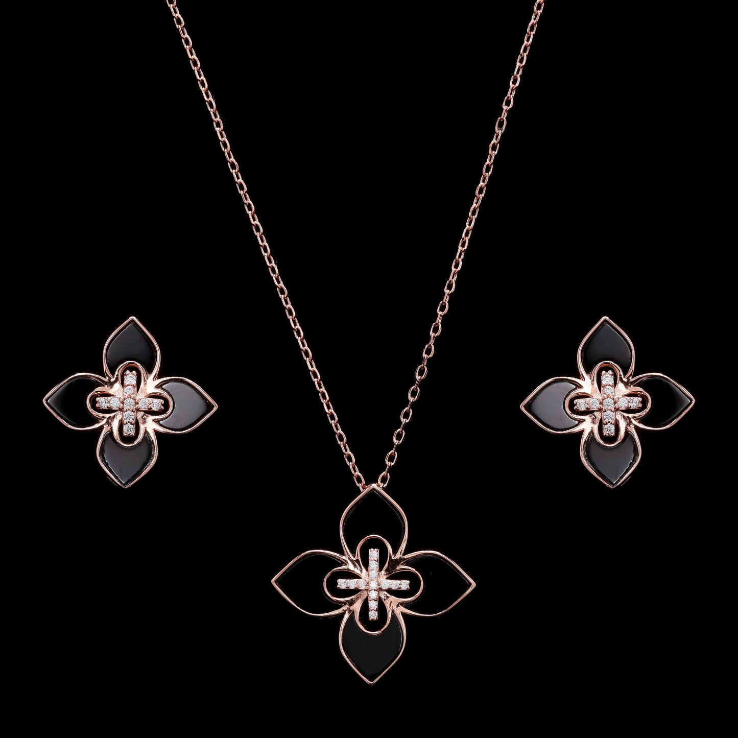 Ultra Premium Luxury Brand Inspired Black Enamel Rose Gold Finish Pendant Set on Pure 925 Silver