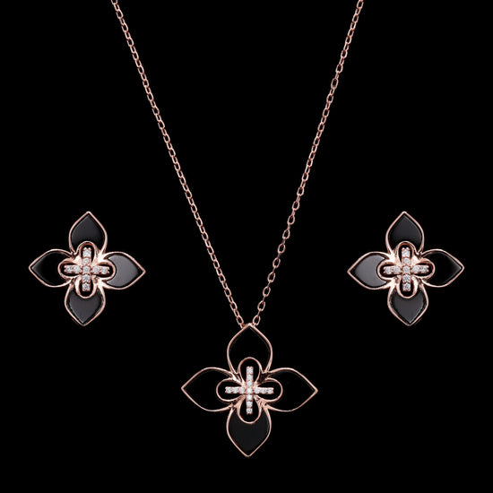 Ultra Premium Luxury Brand Inspired Black Enamel Rose Gold Finish Pendant Set on Pure 925 Silver