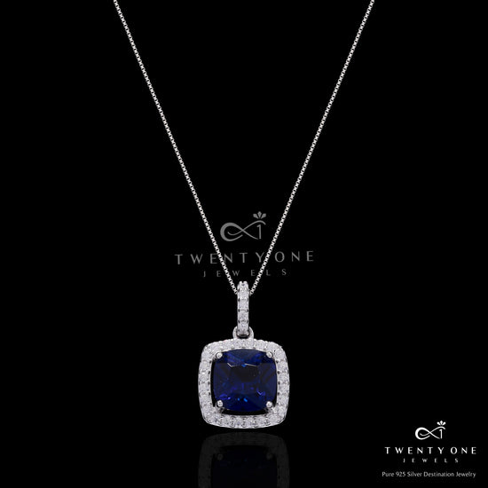 3 Carat Rounded Cushion Cut Solitaire  Hydro Blue Sapphire Sylvy Pendant Set on Pure 925 Silver