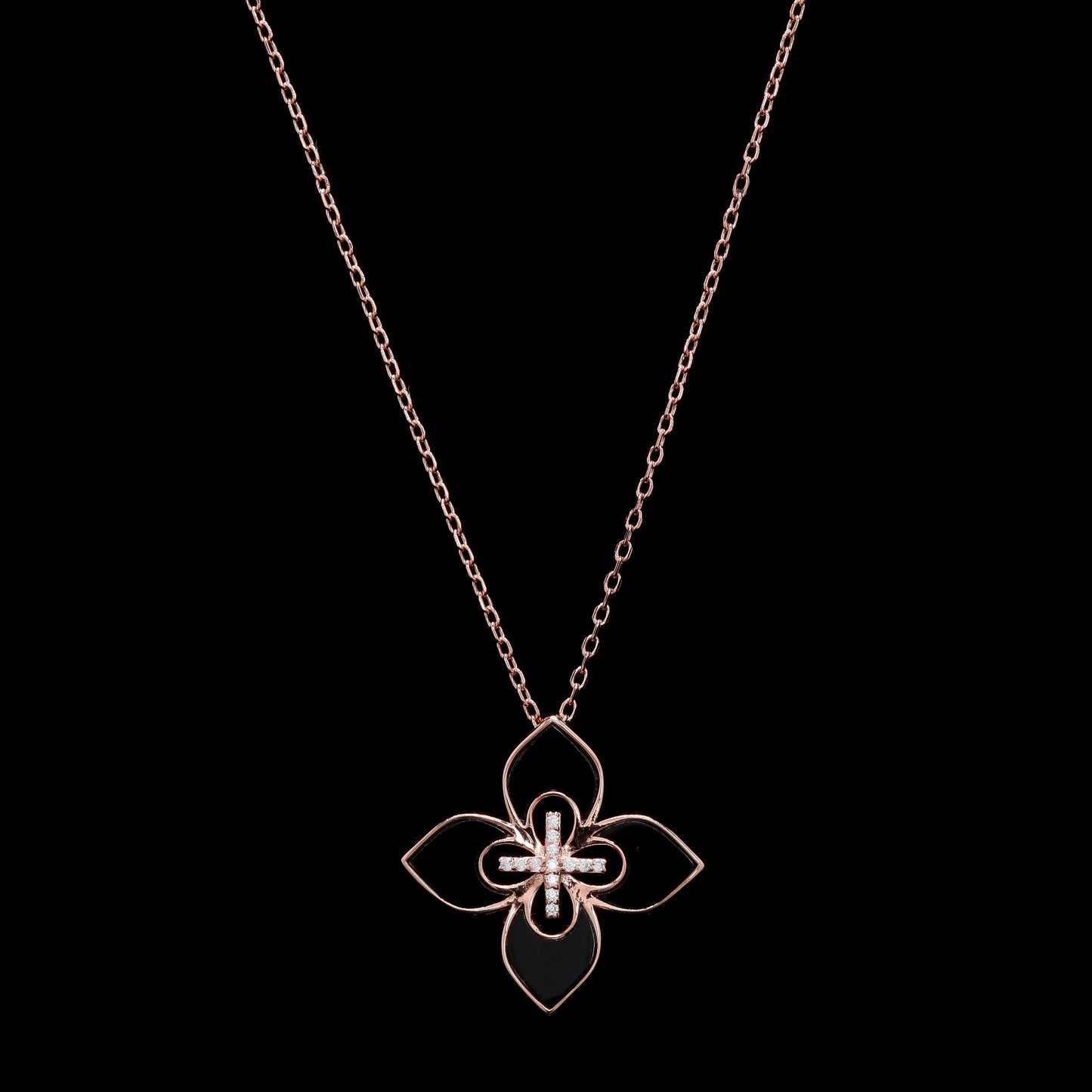 Ultra Premium Luxury Brand Inspired Black Enamel Rose Gold Finish Pendant Set on Pure 925 Silver