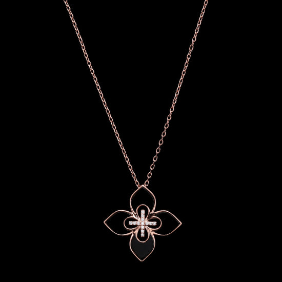 Ultra Premium Luxury Brand Inspired Black Enamel Rose Gold Finish Pendant Set on Pure 925 Silver
