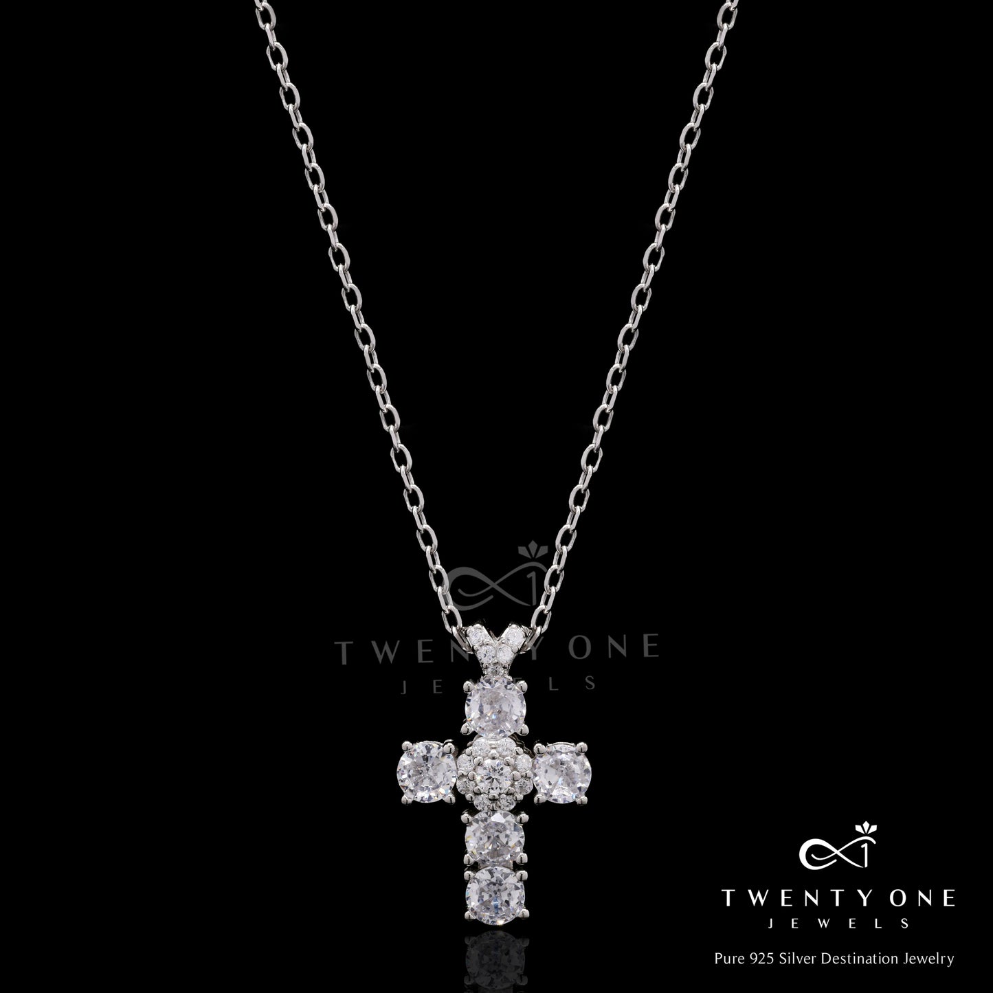 American Diamond Studded Bento Cross Pendant with Chain On Pure 925 Silver