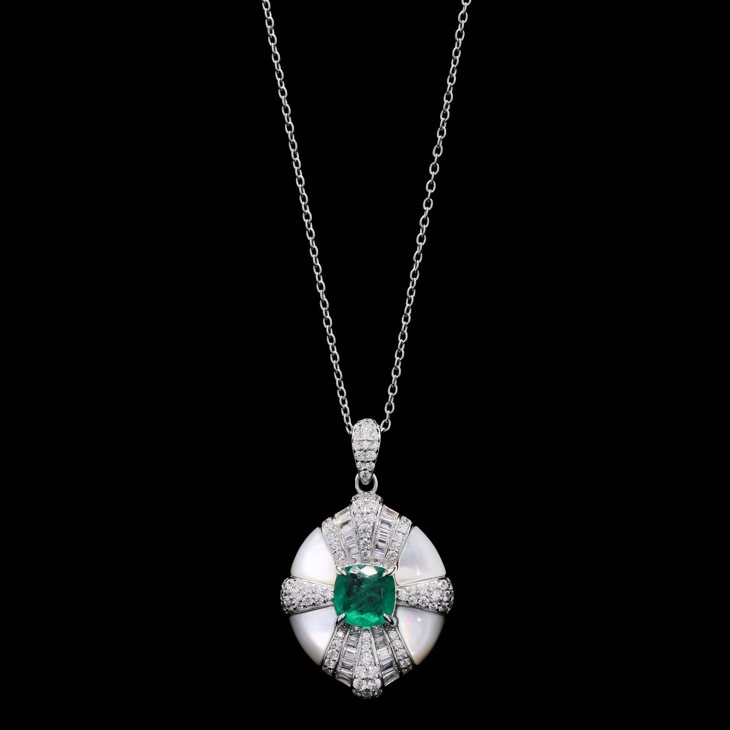 Ultra Premium Mother of Pearl Italian Setting Emerald Pendant Set on Pure 925 Silver