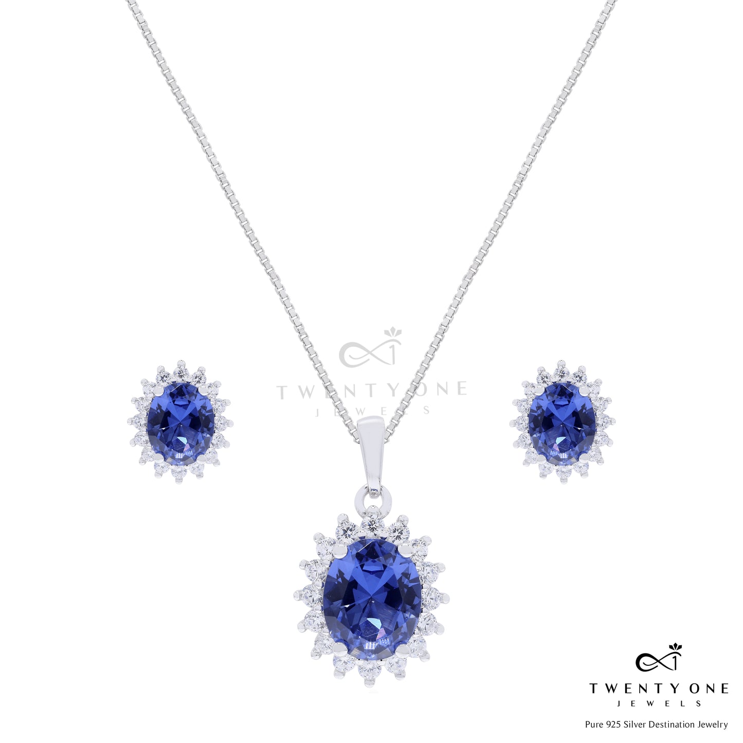 Ultra Premium Deep Blue Oval Solitaire Duran Pendant Set on Pure 925 Silver