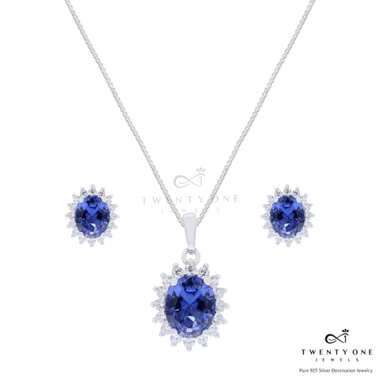 Ultra Premium Deep Blue Oval Solitaire Duran Pendant Set on Pure 925 Silver