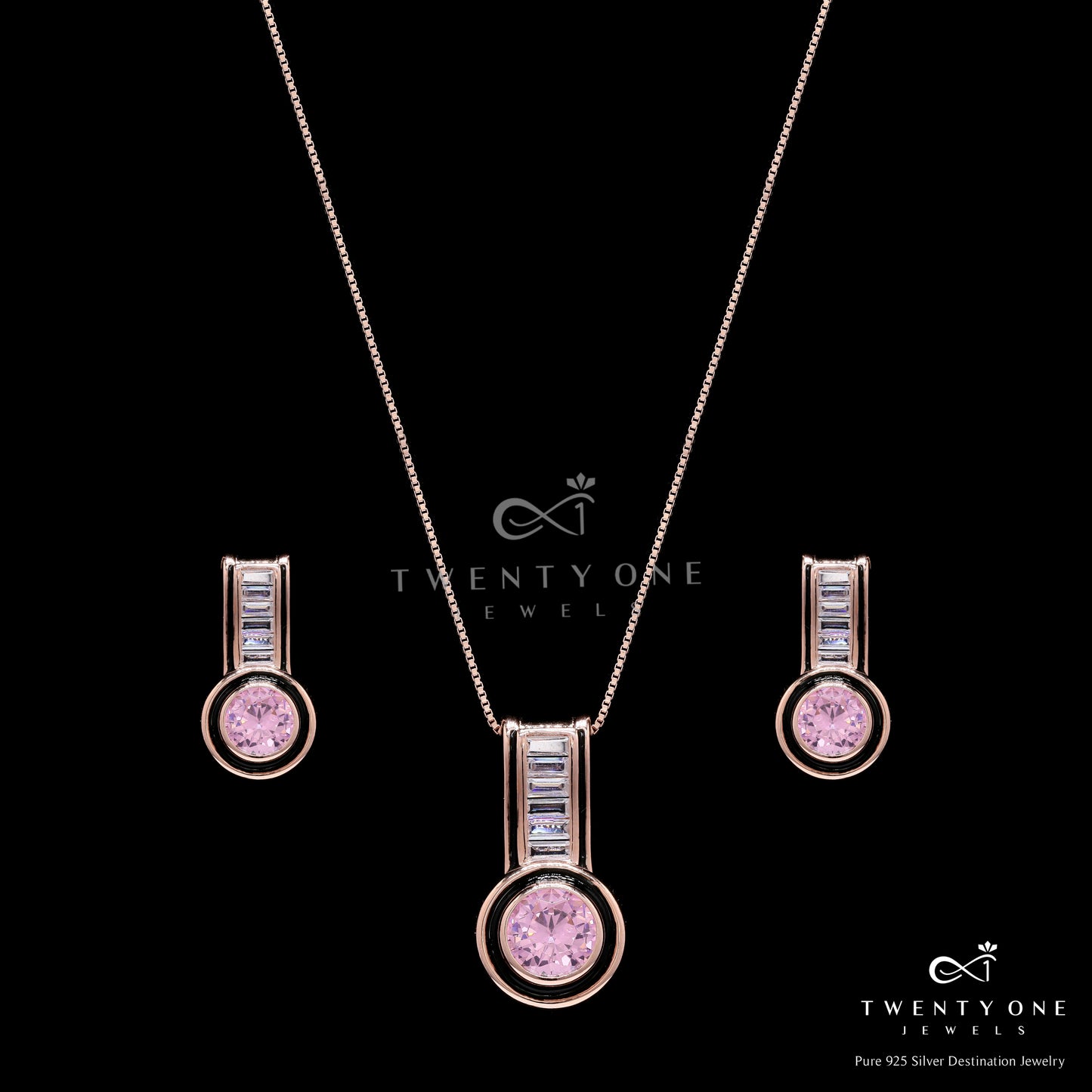 Ultra Premium Rose Gold Finish Pink Diamond Pendant Set with Black Enamel Detailing on Pure 925 Silver