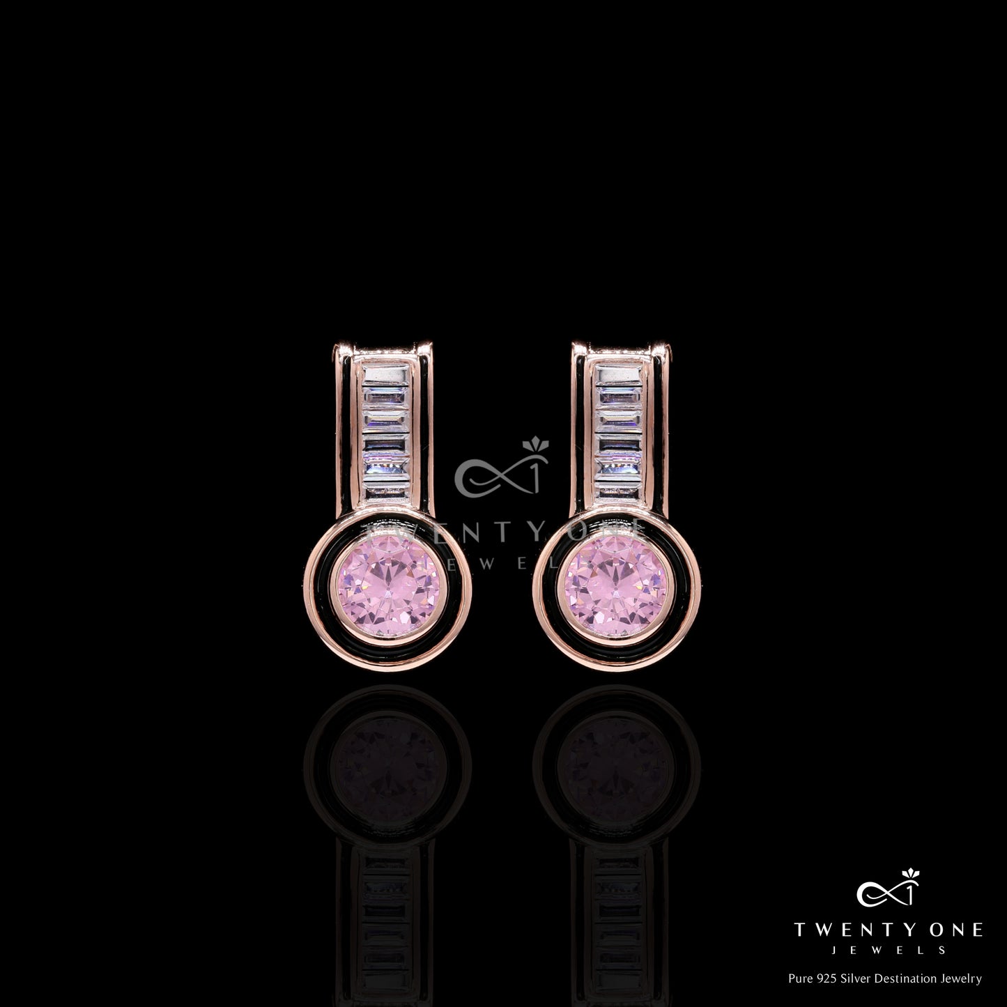 Ultra Premium Rose Gold Finish Pink Diamond Pendant Set with Black Enamel Detailing on Pure 925 Silver