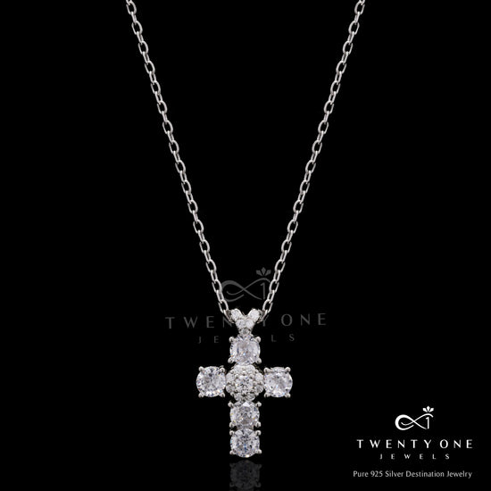 American Diamond Studded Bento Cross Pendant with Chain On Pure 925 Silver