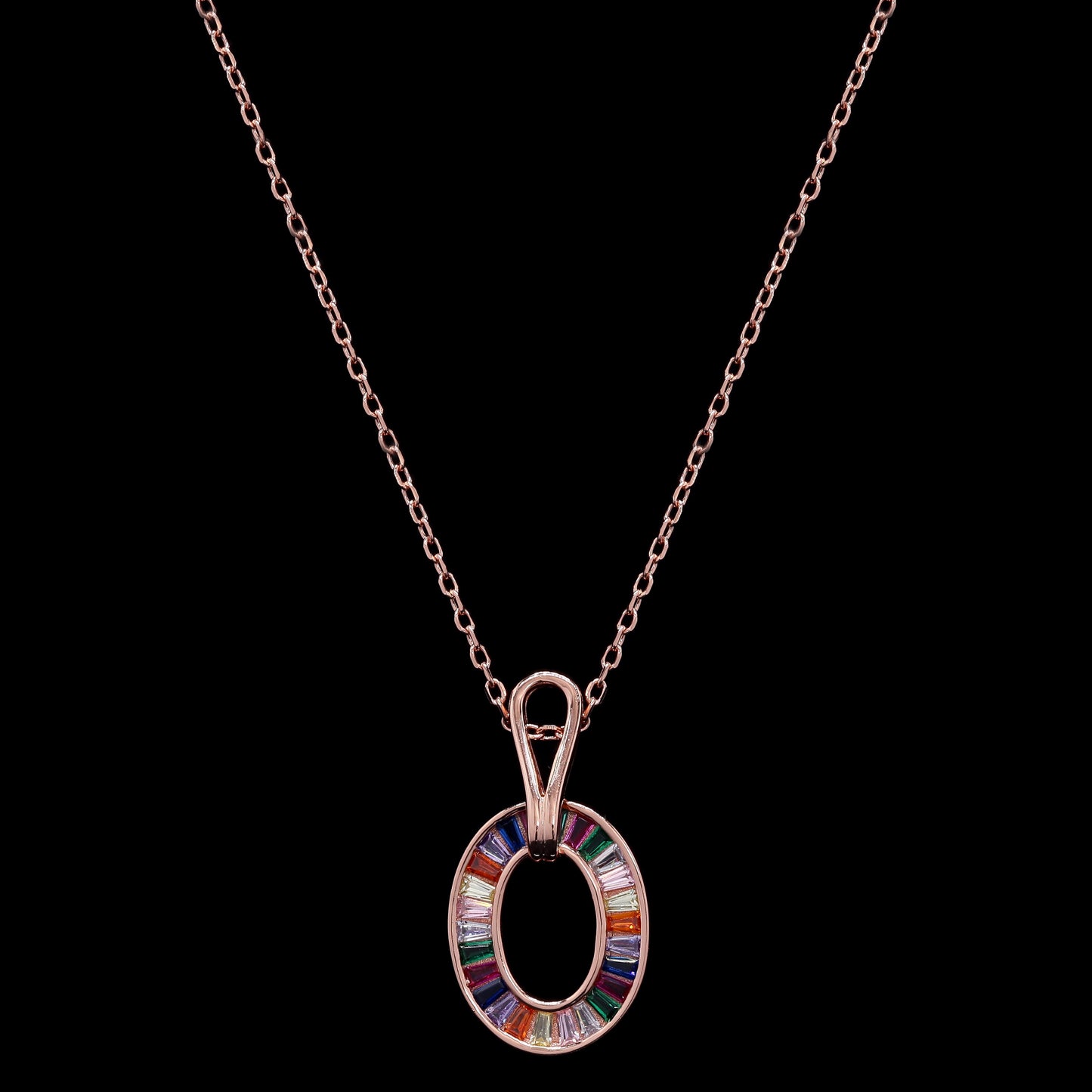 Premium Rose Gold Finish Oval Rainbow Pendant Set on Pure 925 Silver