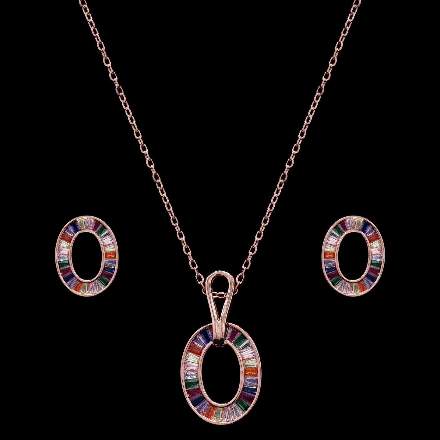 Premium Rose Gold Finish Oval Rainbow Pendant Set on Pure 925 Silver