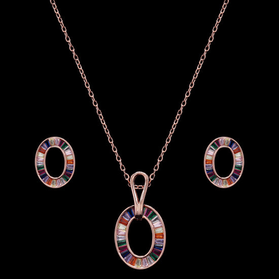 Premium Rose Gold Finish Oval Rainbow Pendant Set on Pure 925 Silver