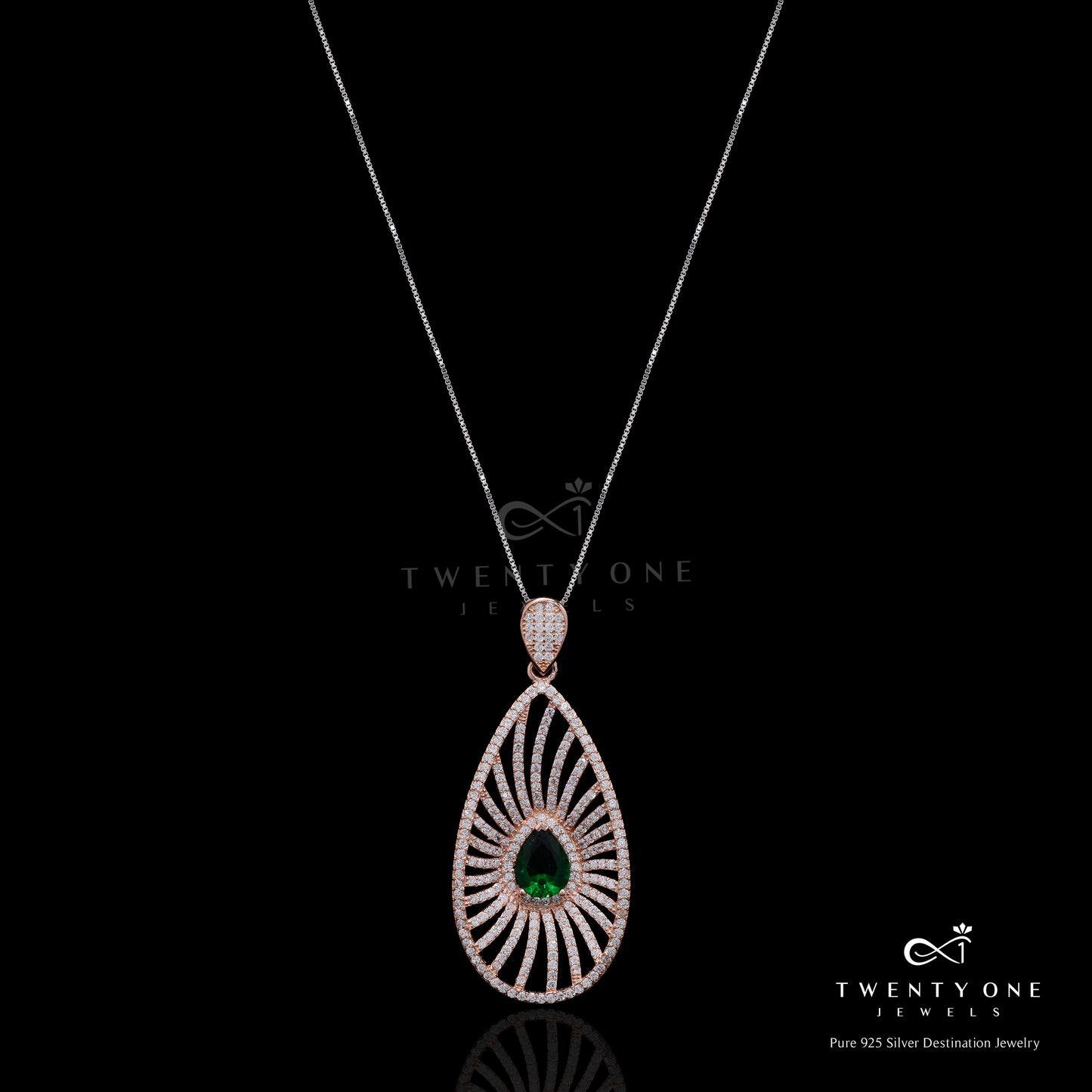Rose Gold Premium Myra Green Emerald Pendant with Chain on Pure 925 Silver