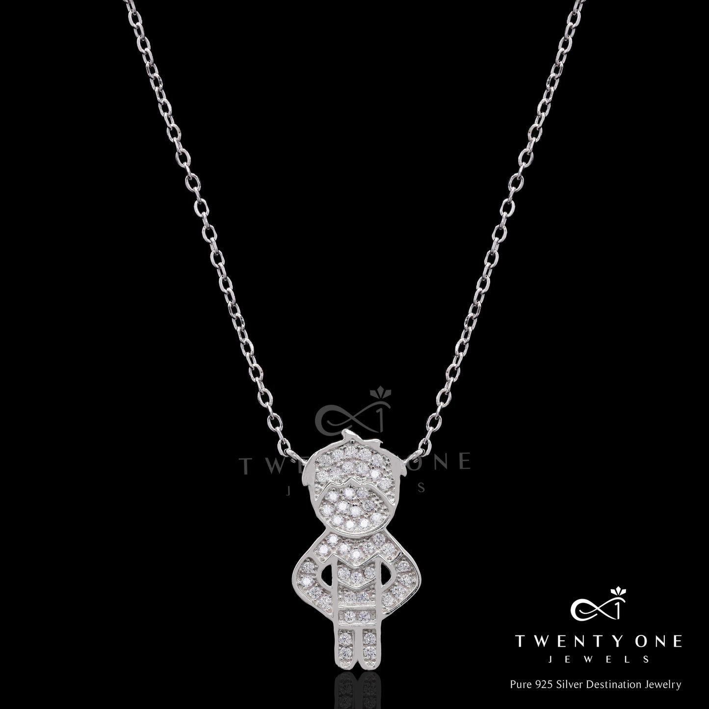 Micro Setting Power Puff Girls Kids Pendant with Chain on Pure 925 Silver