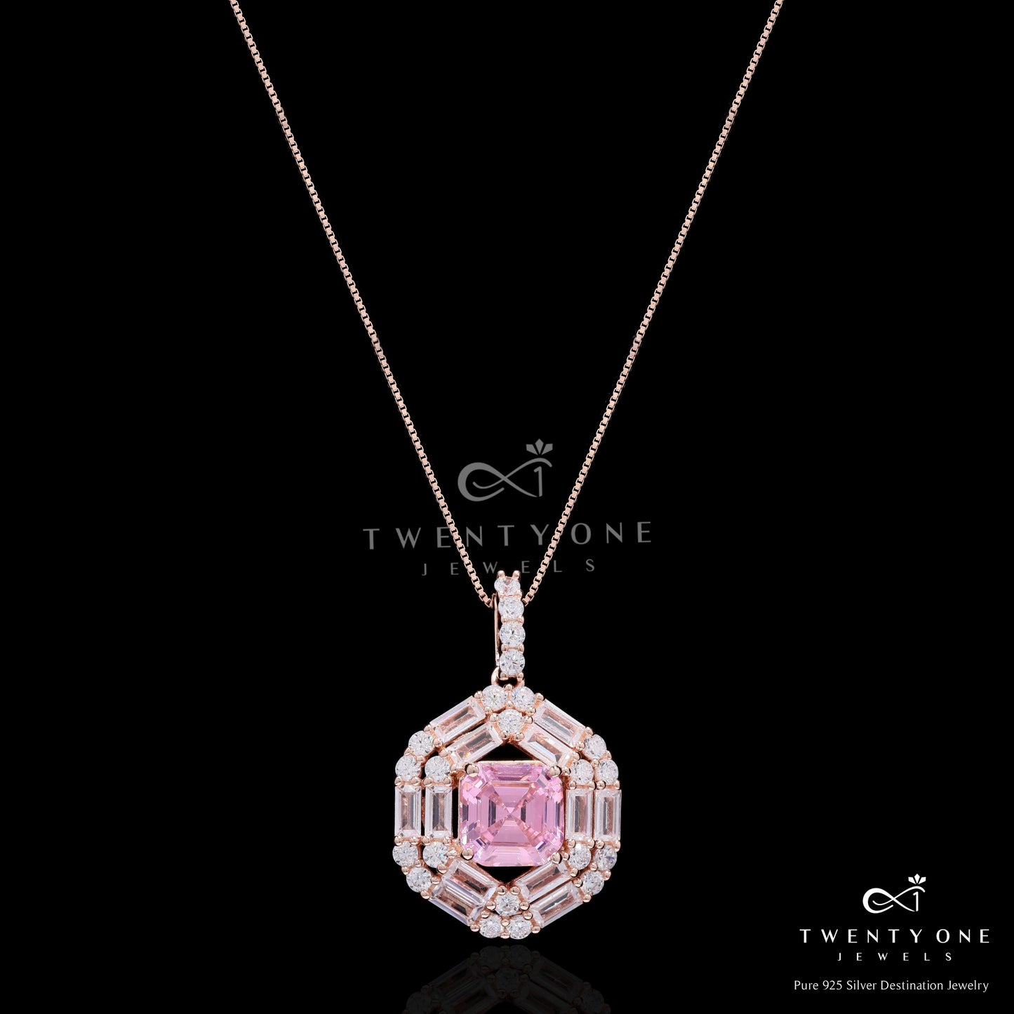 Rose Gold Finish Double Baguette Cluster Bravia Pendant Set with Pink Asscher Cut Diamond on Pure 925 Silver