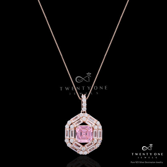 Rose Gold Finish Double Baguette Cluster Bravia Pendant Set with Pink Asscher Cut Diamond on Pure 925 Silver