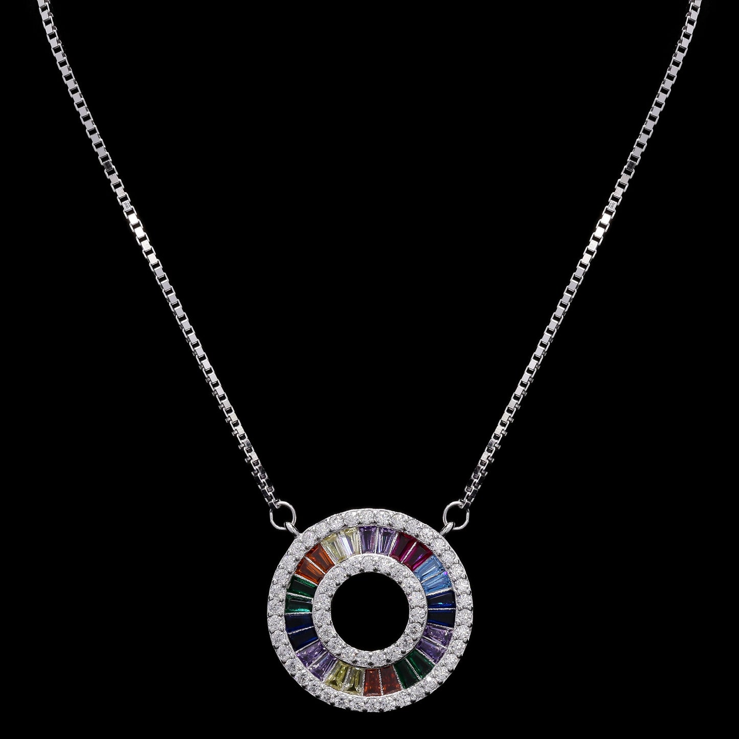 Premium White Gold Finish Round Rainbow Pendant Set on Pure 925 Silver