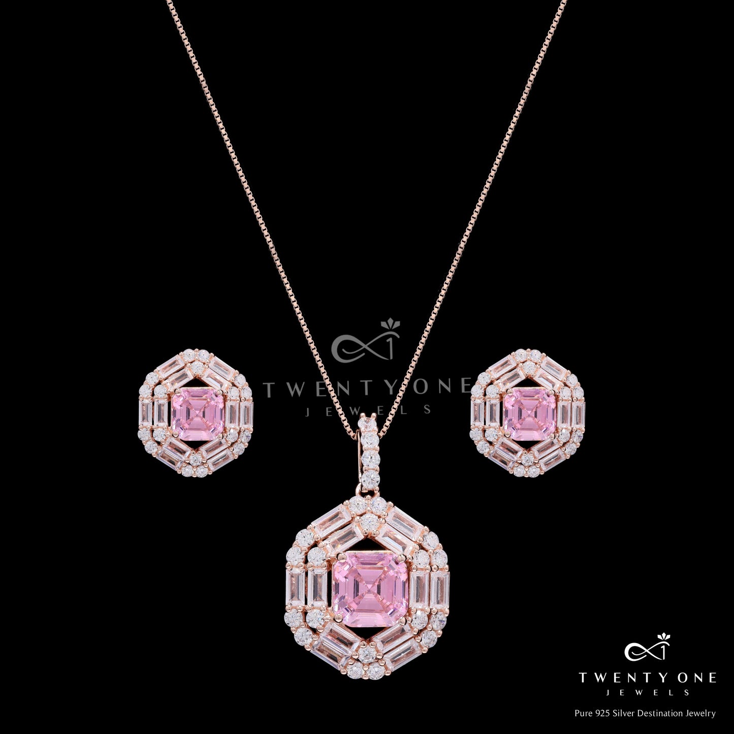 Rose Gold Finish Double Baguette Cluster Bravia Pendant Set with Pink Asscher Cut Diamond on Pure 925 Silver