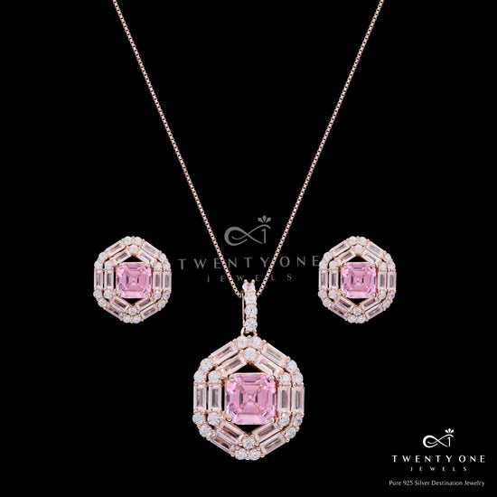 Rose Gold Finish Double Baguette Cluster Bravia Pendant Set with Pink Asscher Cut Diamond on Pure 925 Silver
