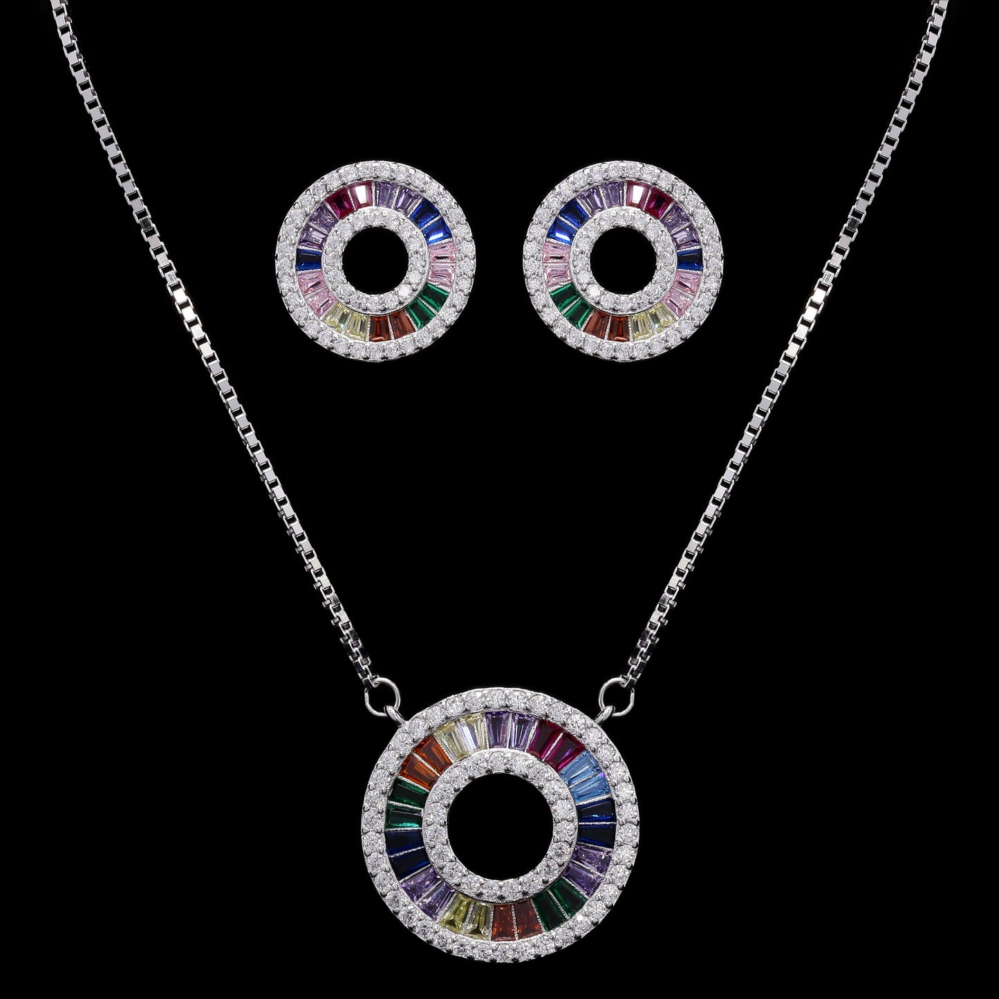Premium White Gold Finish Round Rainbow Pendant Set on Pure 925 Silver